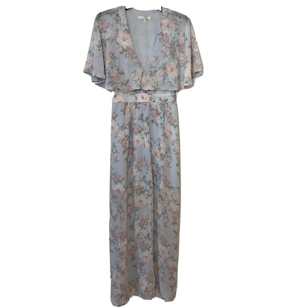 WAYF Womens Love Note Flutter Sleeve Floral Midi Maxi Dress‎ Blue XS Split Hem